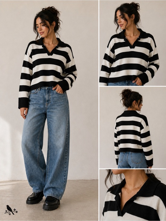 INDUSTRY Sweaters - Industry Black & White Striped Cropped Sweater Polo Top Size Large